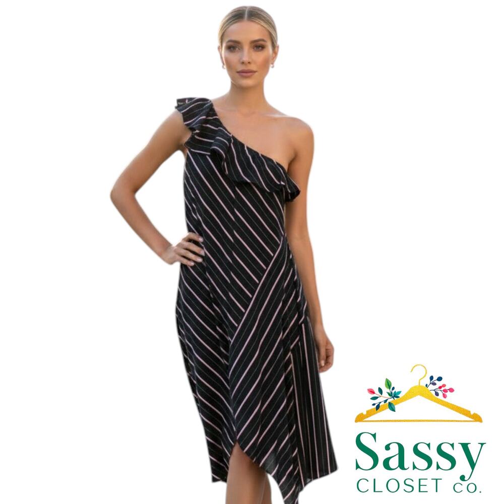 VINCE CAMUTO Striped One Shoulder Asymmetric Midi Dress 8 Handkerchief Hem EUC